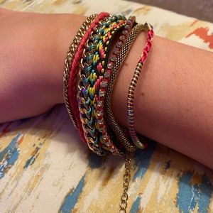 bright layered string and metal bracelet